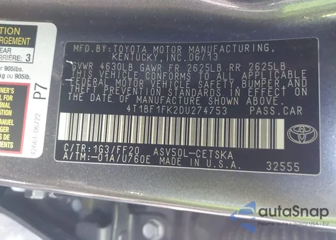 2013 Toyota Camry Se from USA, damaged, VIN 4T1BF1FK2DU274753